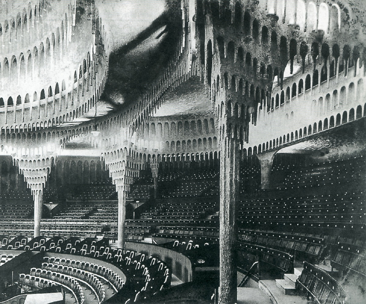 Black and white photograph of the interior of Hans Poelzig’s Grosses Schauspielhaus (“theater of five thousand”), remodeled from a Berlin circus building in 1918. Later demolished.