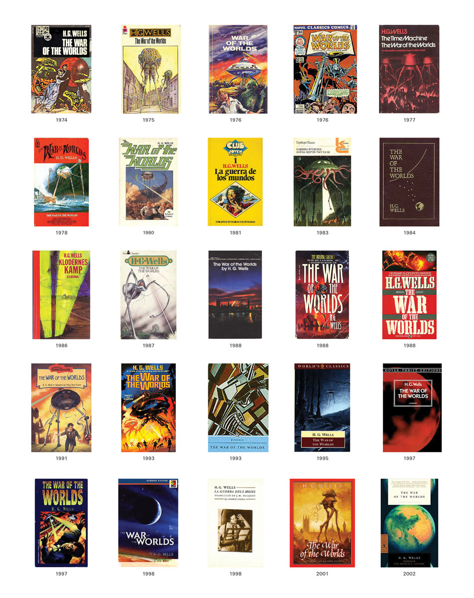 Photographs of twenty-five different covers for H. G. Wells's book The War of the Worlds, labeled with the years of publication from 1974 to 2002.