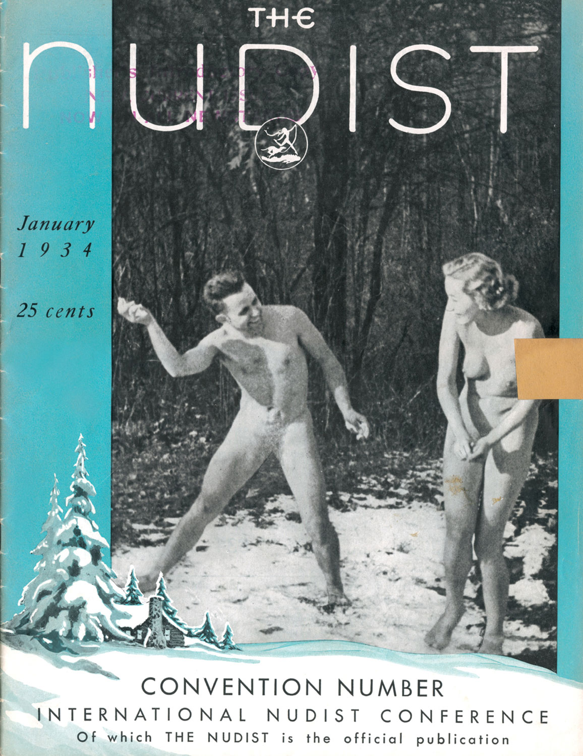 Nudist magazine cover depicting a naked man throwing a snowball at a naked woman, their genitalia edited out.