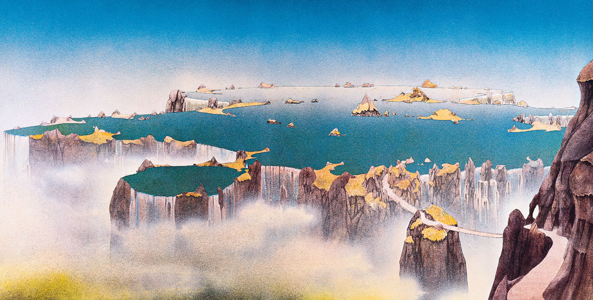 Artist Roger Dean's painting of a fantasy cloud-covered coastline of mountainous waterfalls, titled 