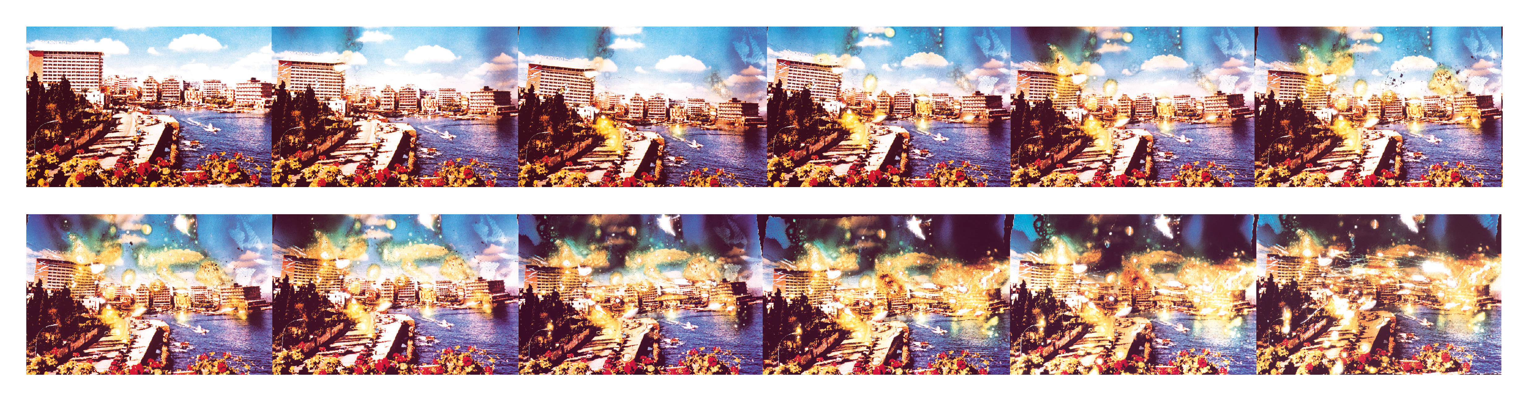Twelve iterations of Farah’s postcard titled “Beirut: The Great Hotels Quarter” showing the step-by-step deterioration of the negative.