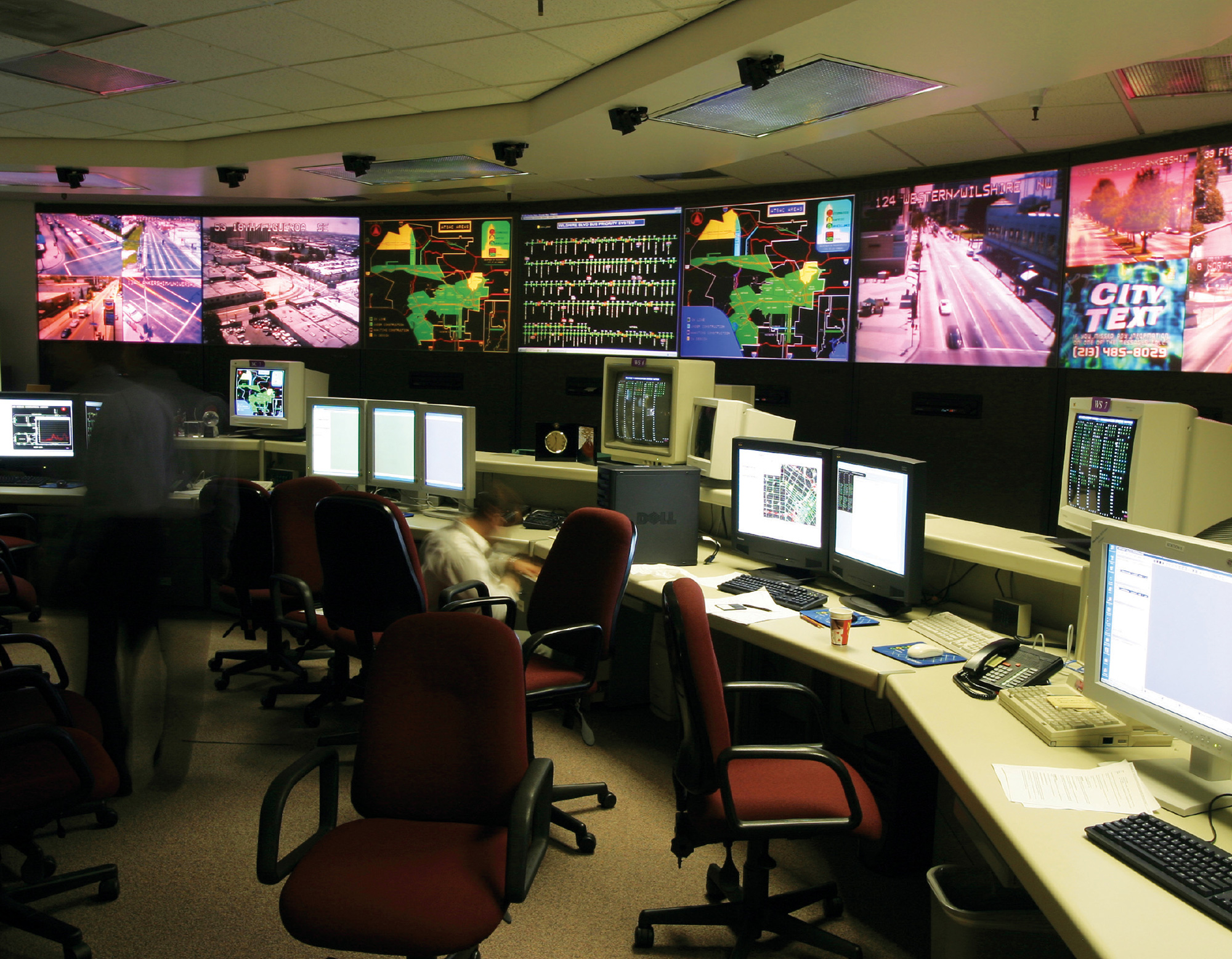 A 2005 photograph of a digital traffic control center in Los Angeles.