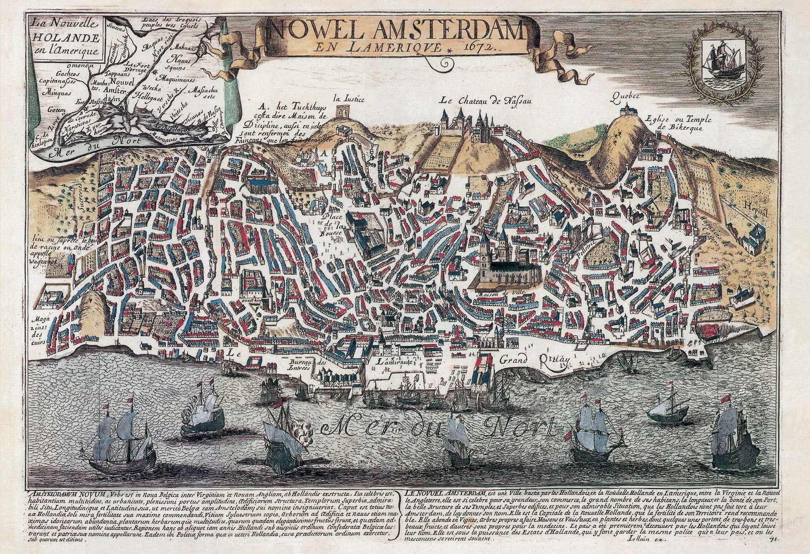 Tal Schori’s postcard titled ”A Slight Mismap,” depicting a 1672 fictitious map of Manhattan Island by François Jollain.