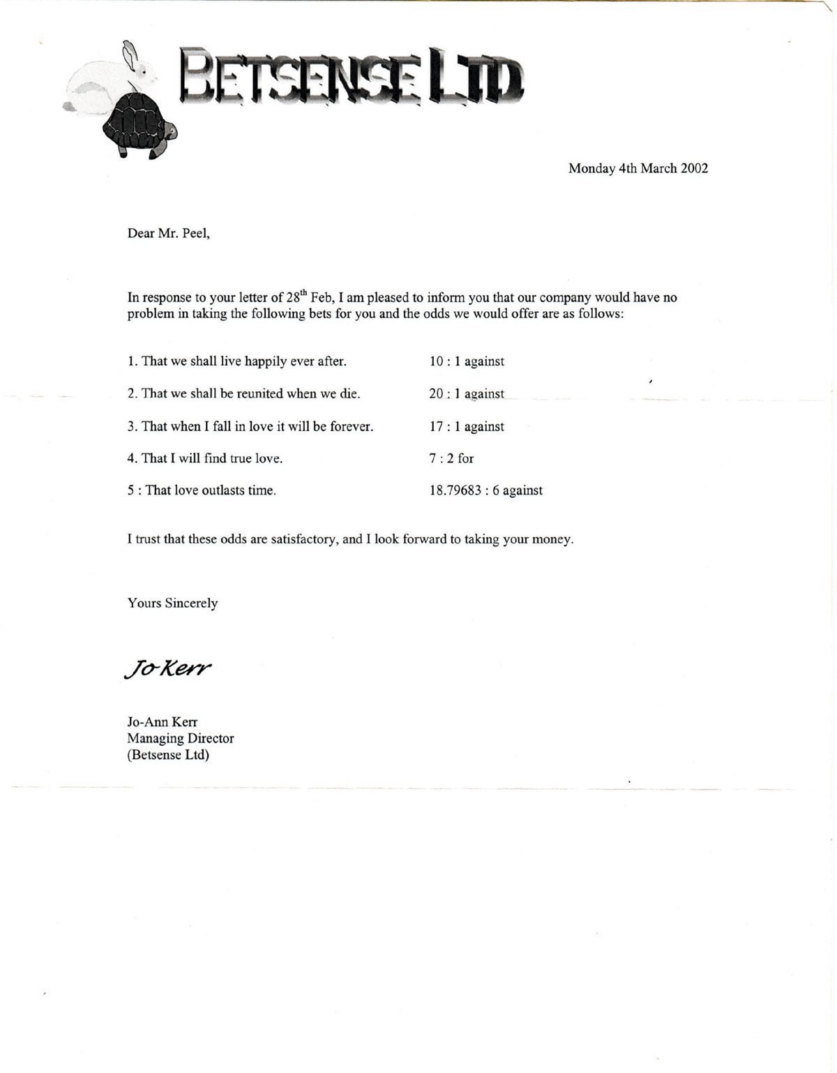 A letter addressed to James Peel from Betsense Limited, dated March 2002. The company writes to offer odds on various propositions including “That we shall live happily ever after 10 to 1 against” and “That i will find true love, 7 to 2 for.”