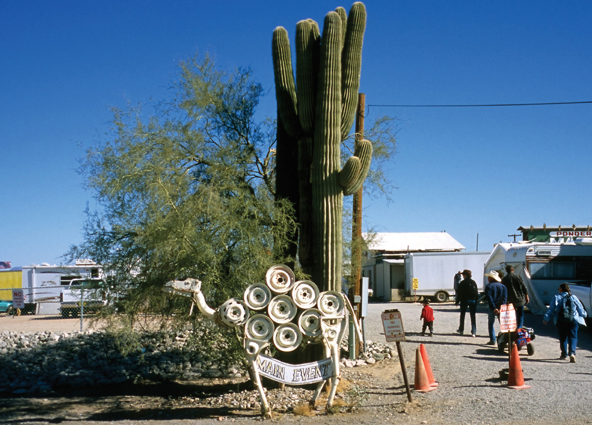 A photograph of people walking past a large cactus toward buildings in Quartzsite.