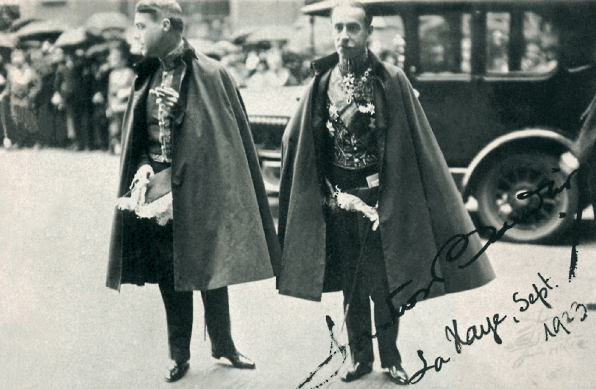 A photograph of Antonio Bandeira, at right, in full diplomatic uniform, arriving for a formal reception at the Hague, September nineteen twenty three.