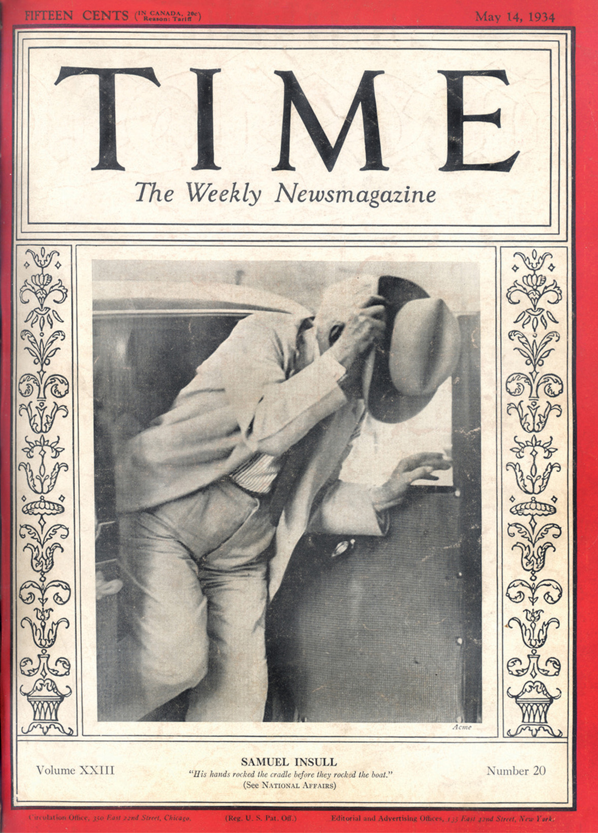 A photograph of Samuel Insull covering his face with his hat on the cover of 