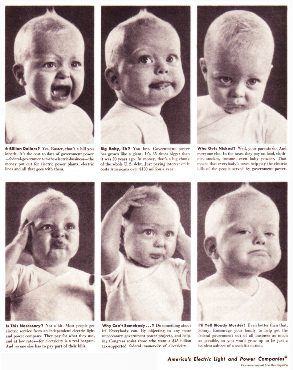 A magazine advertisement featuring pictures of a baby for America’s Electric Light and Power Companies, a consortium of American energy interests, probably from the nineteen fifties.