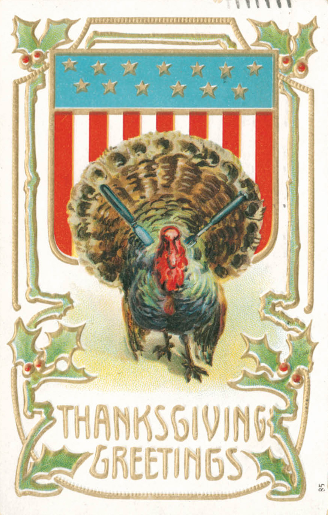 An American postcard celebrating the turkey, circa eighteen eighty to nineteen twenty.