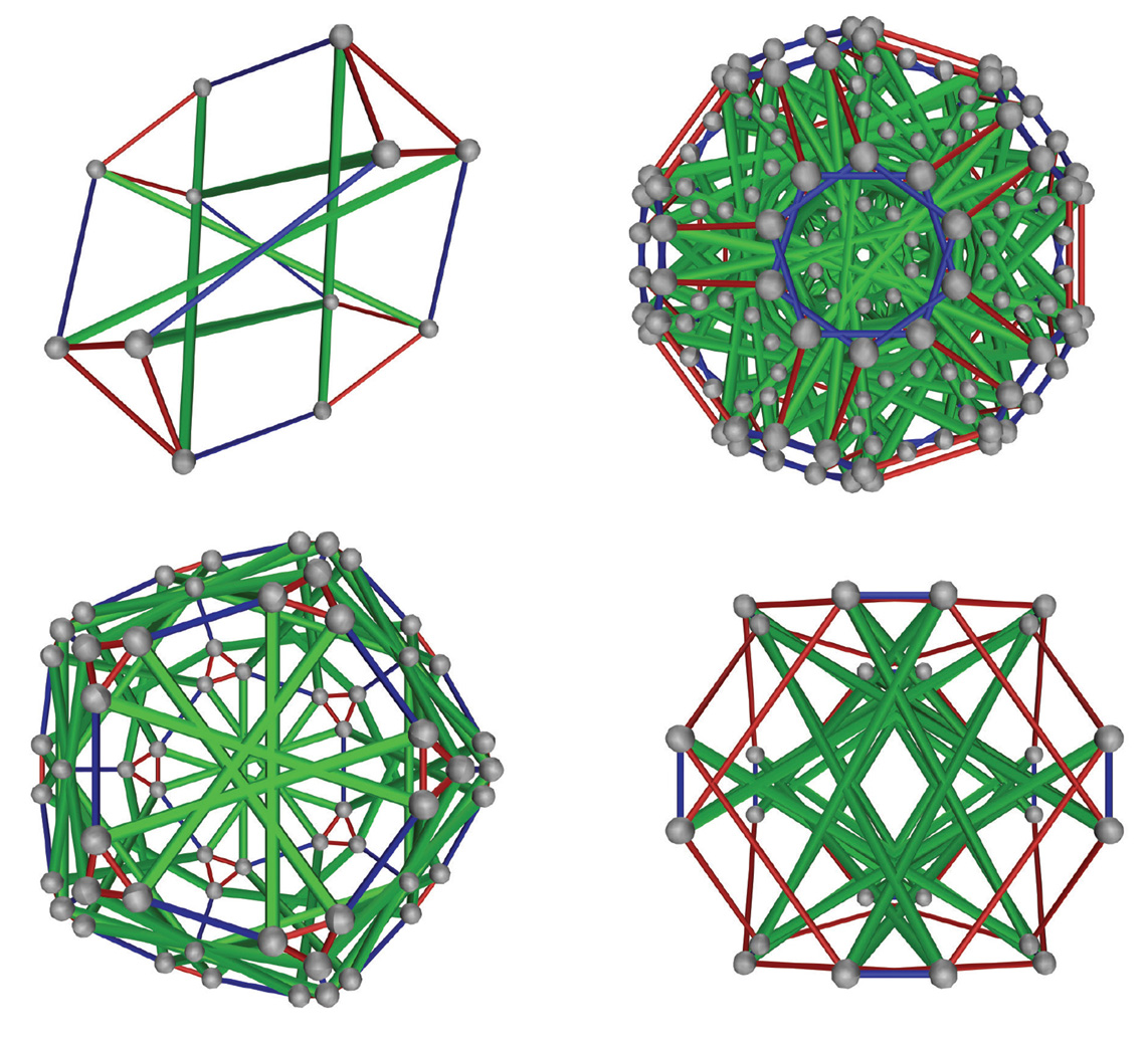 Examples of symmetric tensegrity structures. These images were produced by Robert Connelly and Allen Back using Maple and the open source visualization software, Geomview. 