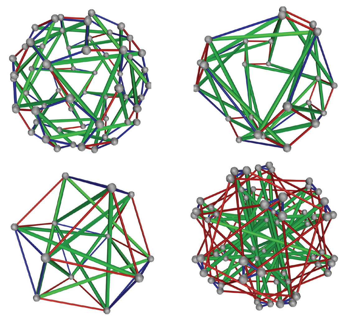 Examples of symmetric tensegrity structures. These images were produced by Robert Connelly and Allen Back using Maple and the open source visualization software, Geomview. 