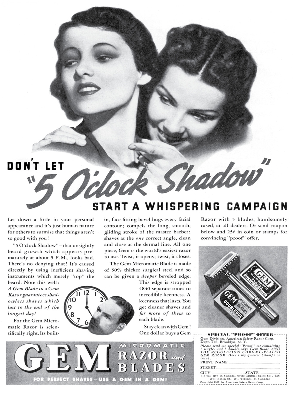 An advertisement for Gem Razor and Blades from “Time” magazine, 11 October nineteen thirty seven.