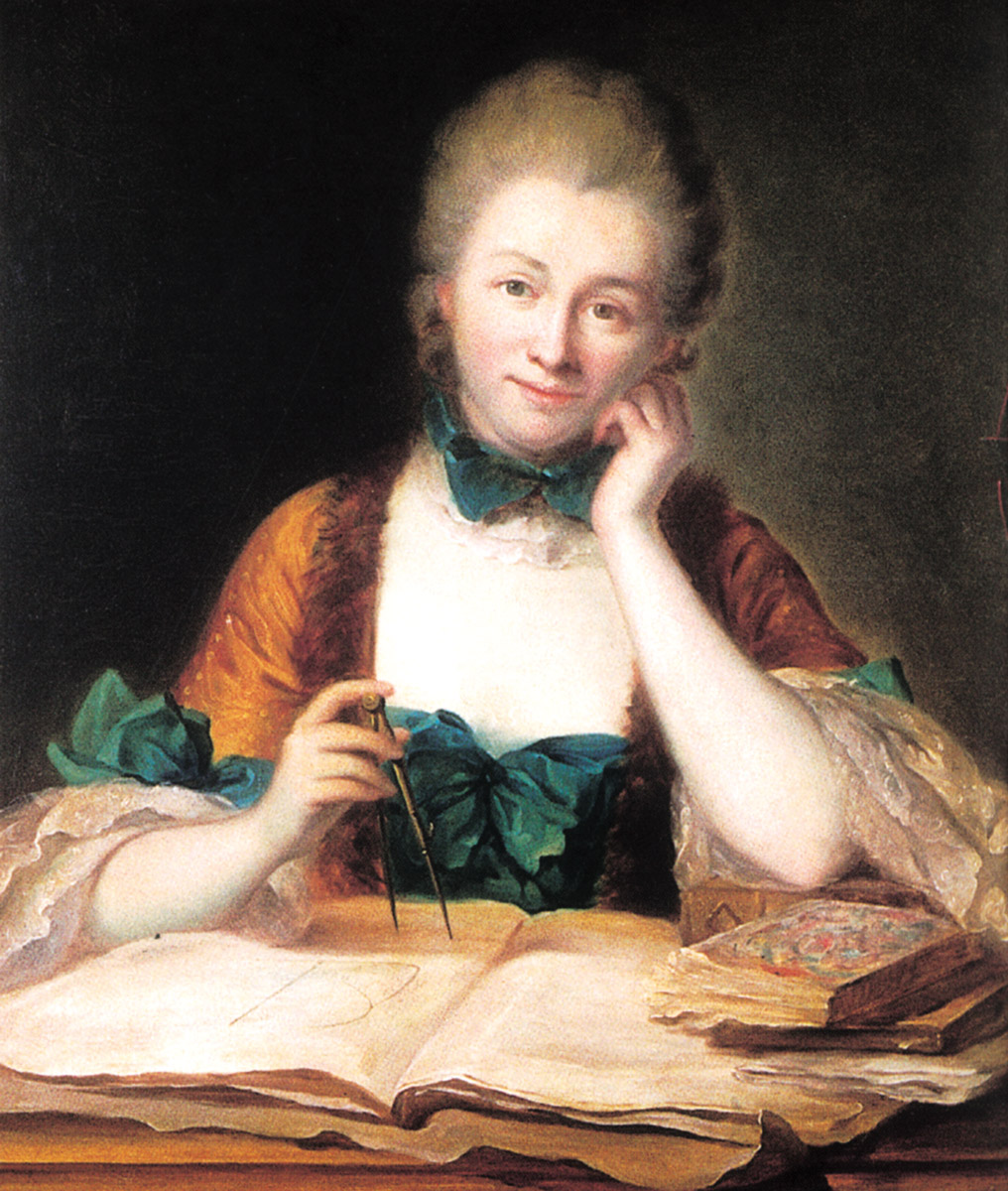 A painting depicting Madame Du Châtelet at her desk.