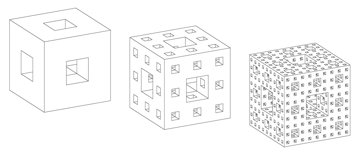 Three diagrams depicting a level one, level two, and level three Menger sponge. 