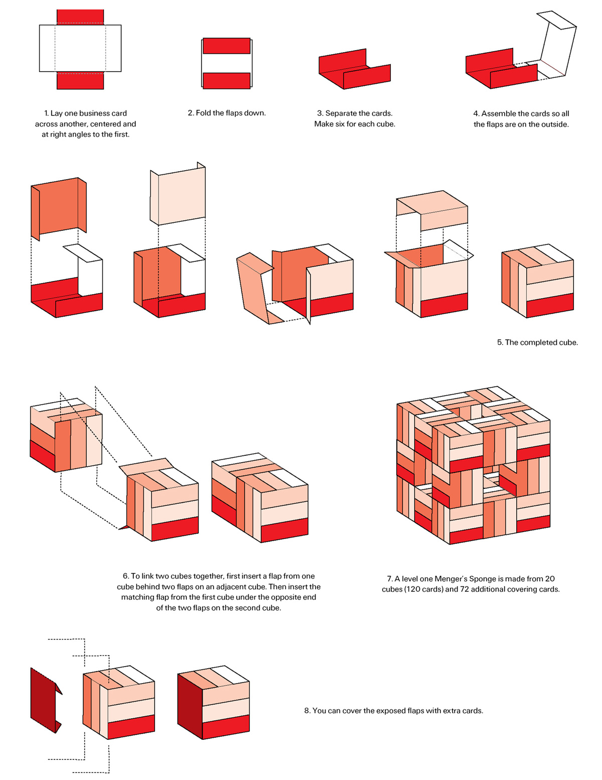 A list of illustrated instructions for how to make a level-one Menger Sponge out of business cards. 