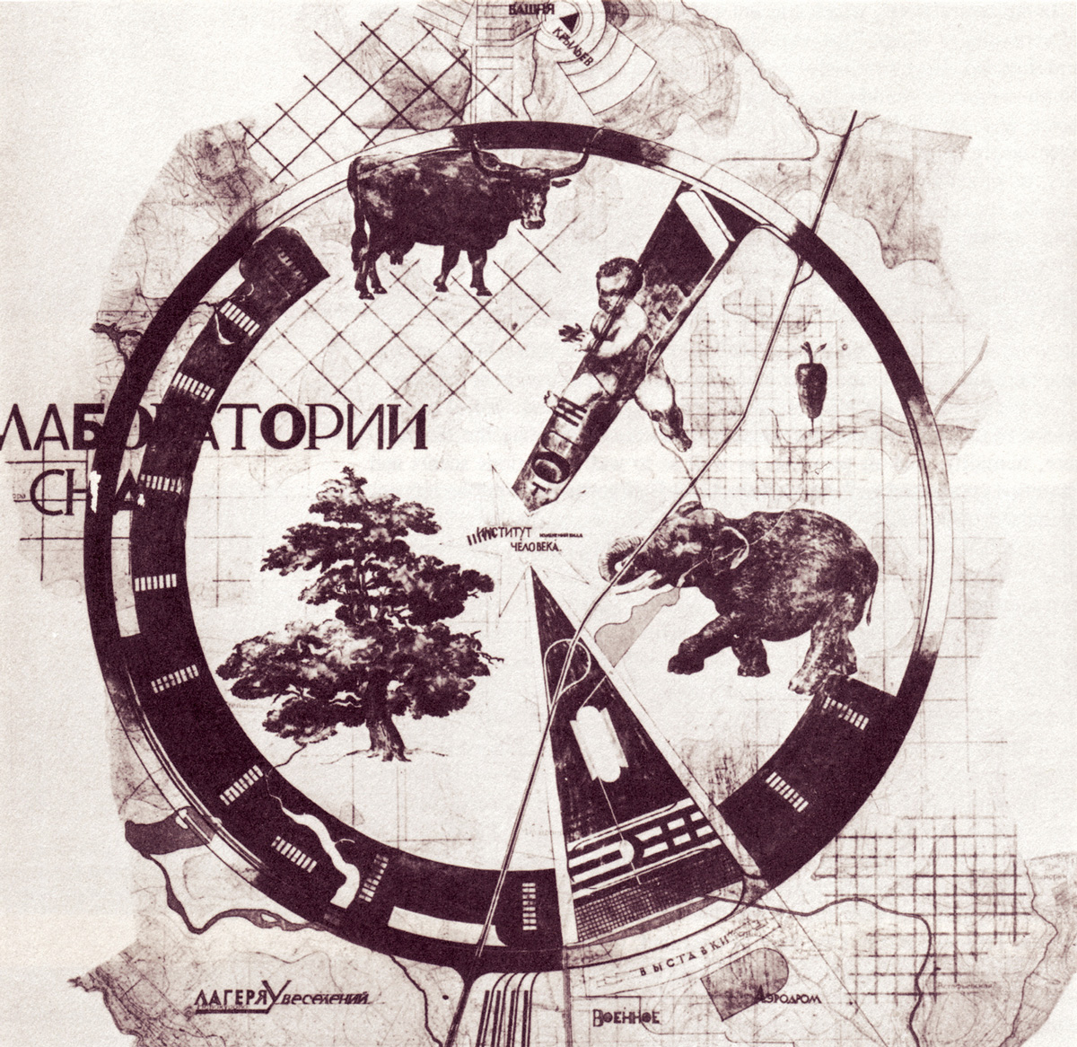 A collage depicting Melnikov’s scheme for the nineteen twenty nine “Green City” competition. The plan is divided into six sectors: forest, farmland, garden, zoo, nursery, and—in the “pieslice”—his laboratory of sleep. 