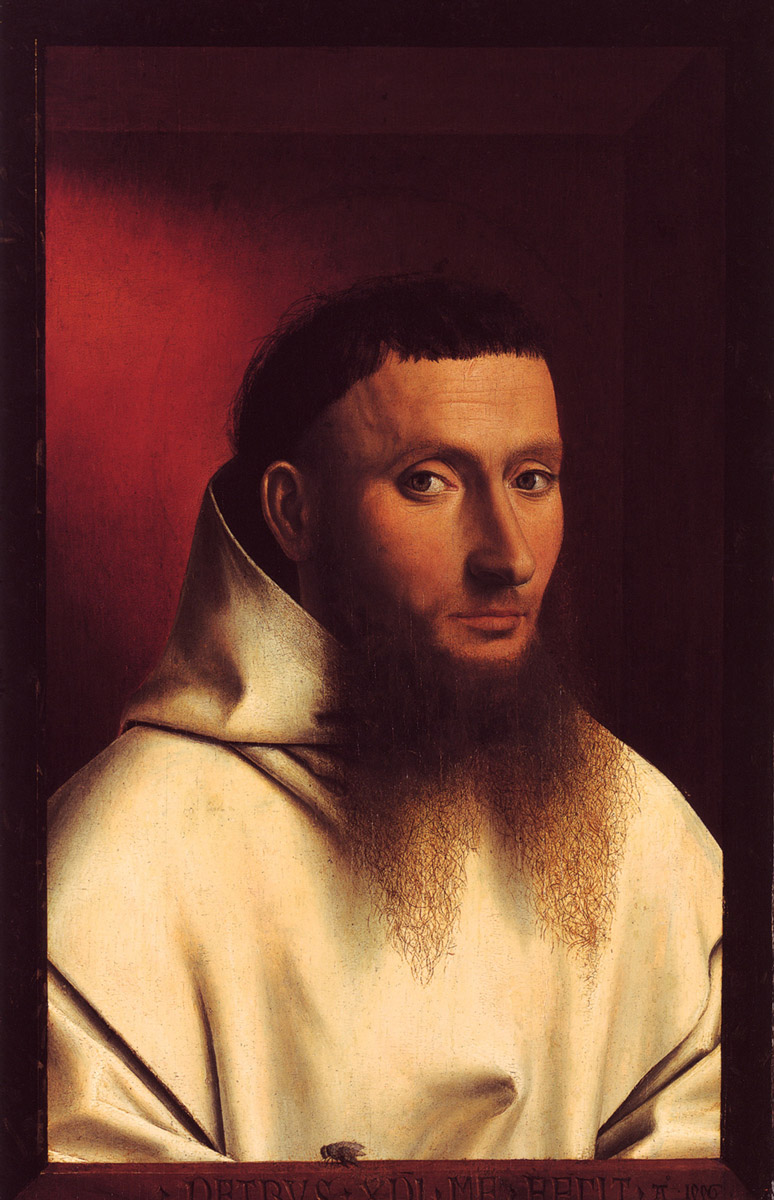 A fourteen forty six painting by Petrus Christus titled “Portrait of a Carthusian.” A fly sits near the artist’s signature on the bottom edge.