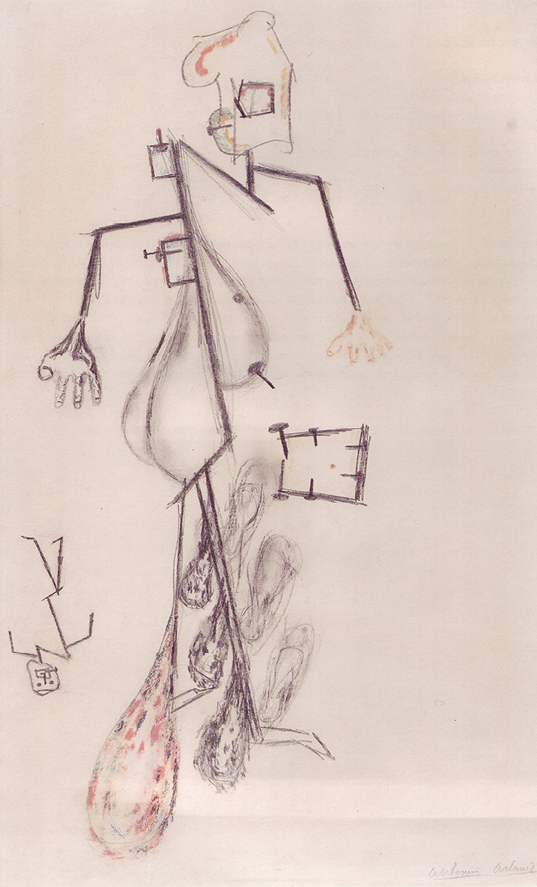 Antonin Artaud’s drawing titled “L’homme et sa douleur,” April nineteen forty six.
 “No mouth / no tongue / no teeth / no larynx / no esophagus / no stomach / no intestine / no anus.” The poet and theater director Antonin Artaud wrote these words in nineteen forty-eight, the year of his death. They famously appear at the beginning of Deleuze and Guattari’s “Anti-Oedipus: Capitalism and Schizophrenia” (Nineteen seventy-two), which adopts Artaud’s idea of “the body without organs” to illustrate their romantic notion of the schizophrenic’s free-flow of desire. In the catalog essay for his recent exhibition “Mélancolie,” the curator and critic Jean Clair has criticized this appropriation of Artaud as a misdiagnosis, and has suggested that Artaud had Cotard’s syndrome. Artaud was first institutionalized in nineteen thirty-seven after suffering a series of violent hallucinations, for which he underwent fifty-one electroshock treatments; he was released in nineteen forty-six. The drawings here, made by Artaud during his last two years under psychiatric care, depict the body in pieces, with missing members and disjointed parts.”