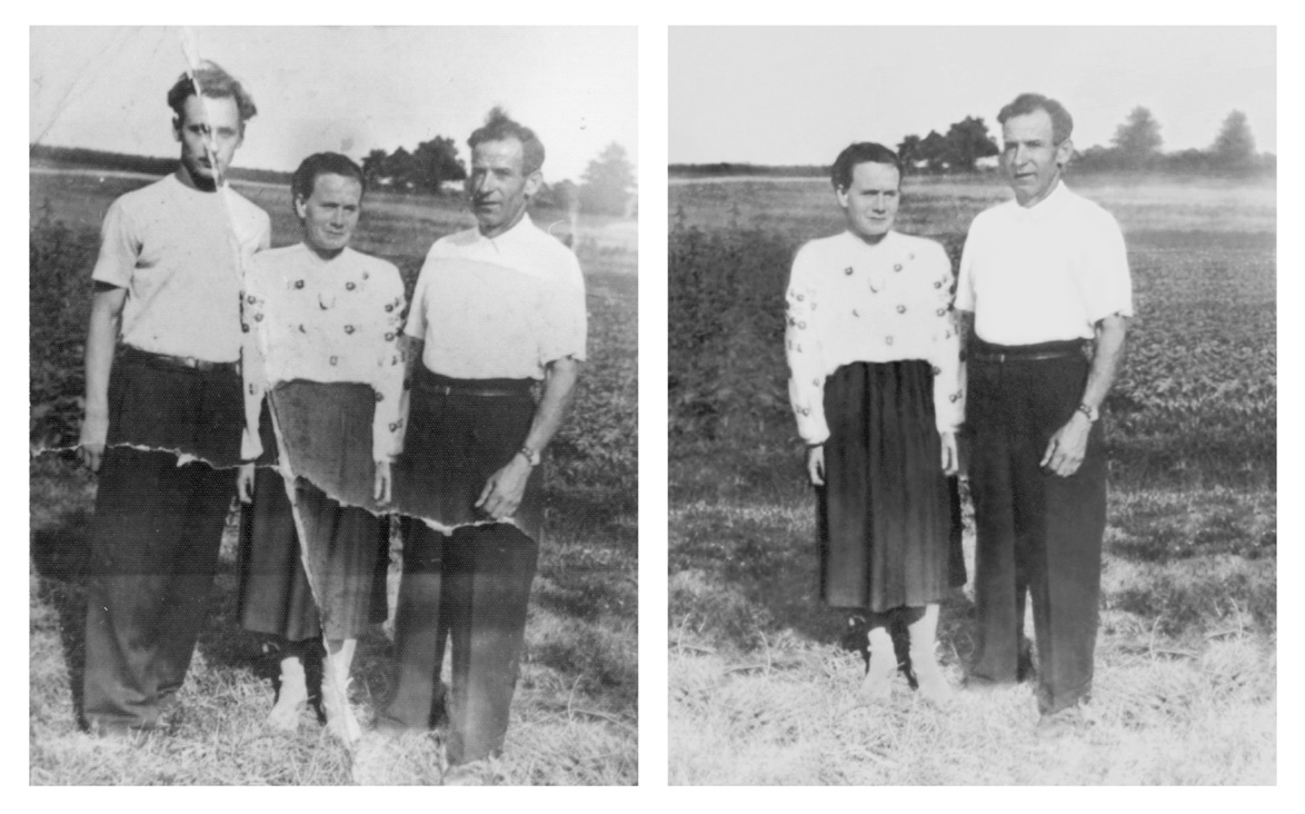 Two photographs: In one, a young man stands in a field with his elderly parents; the other is the same photo with the young man removed.