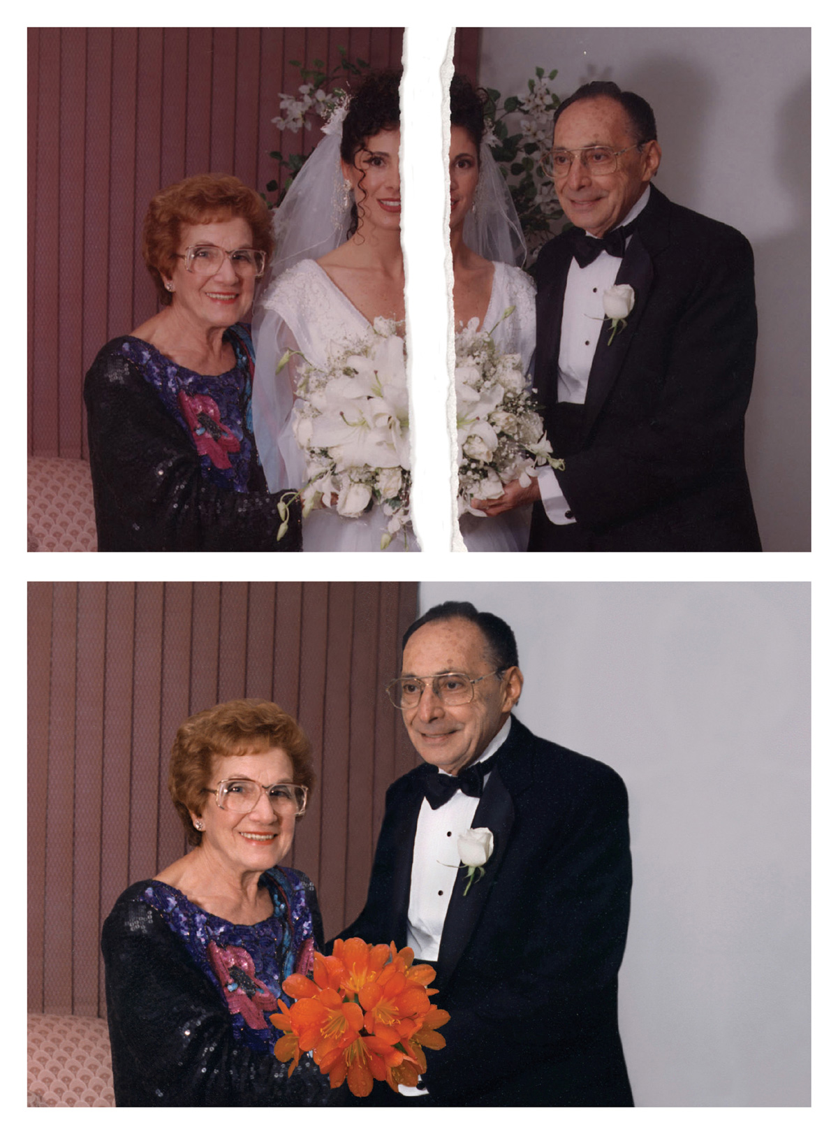 Two photographs: One depicting a bride surrounded by an older man and woman is torn in half, the other shows the man and woman without the bride between them.
