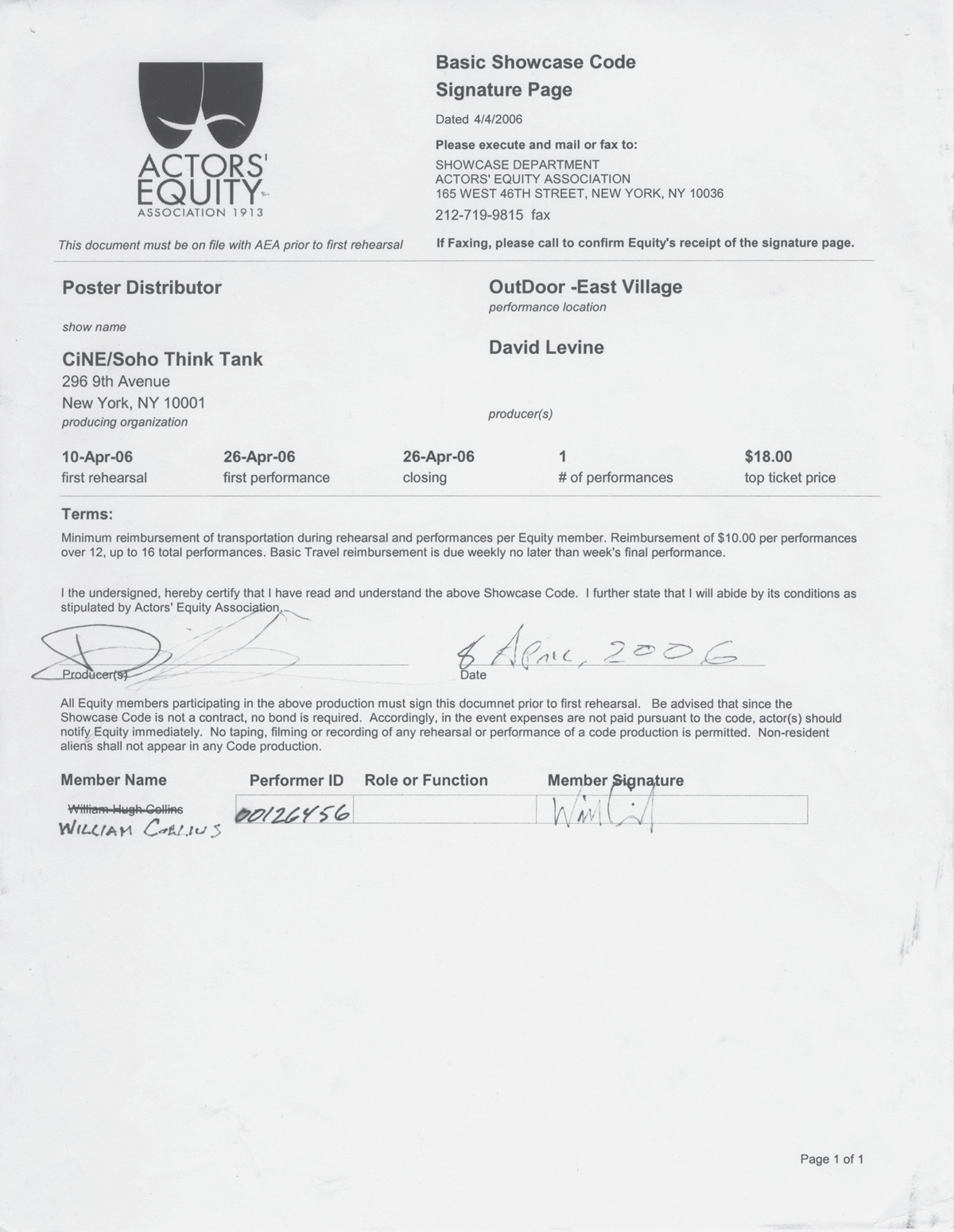 A contract between artist David Levine and actor William Coelius for him to act as a poster distributor.