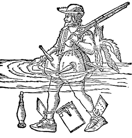 An illustration of a man wearing Windhosen and Flossfedern.