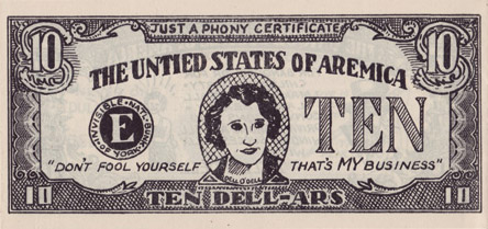 A facsimile of a US bill bearing the likeness of Dell O’Dell. From the 1930s through the nineteen fifties, O’Dell was America’s most successful professional comedy magicienne, even commanding her own TV show in Southern California in the early nineteen fifties.