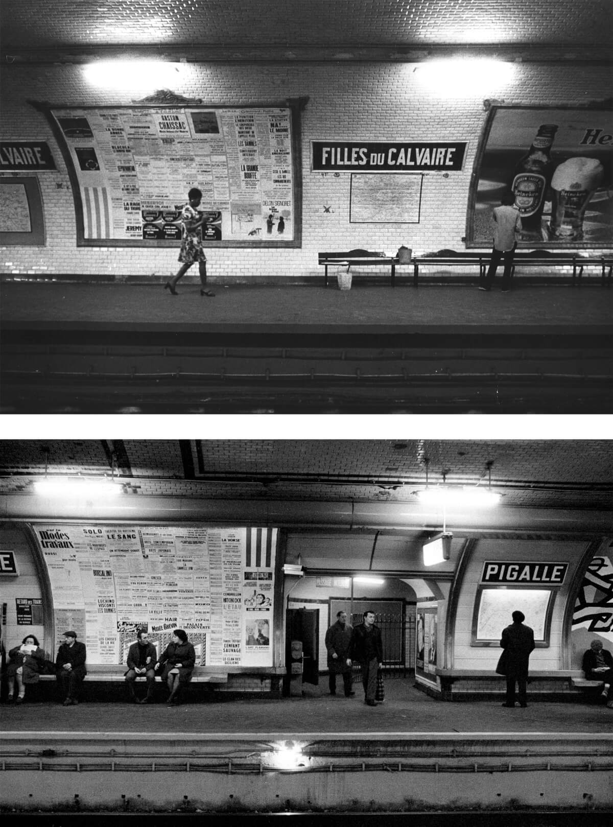 Two photographs of works by artist Daniel Buren from his nineteen seventy series “Photo-souvenir: 140 stations du métro parisien.”