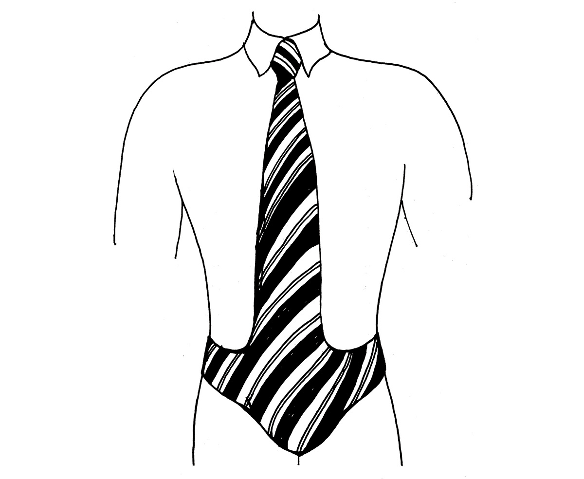 A drawing of an odd piece of striped clothing from Jacques Carelman’s nineteen sixth nine book “Catalogue of Extraordinary Objects.”