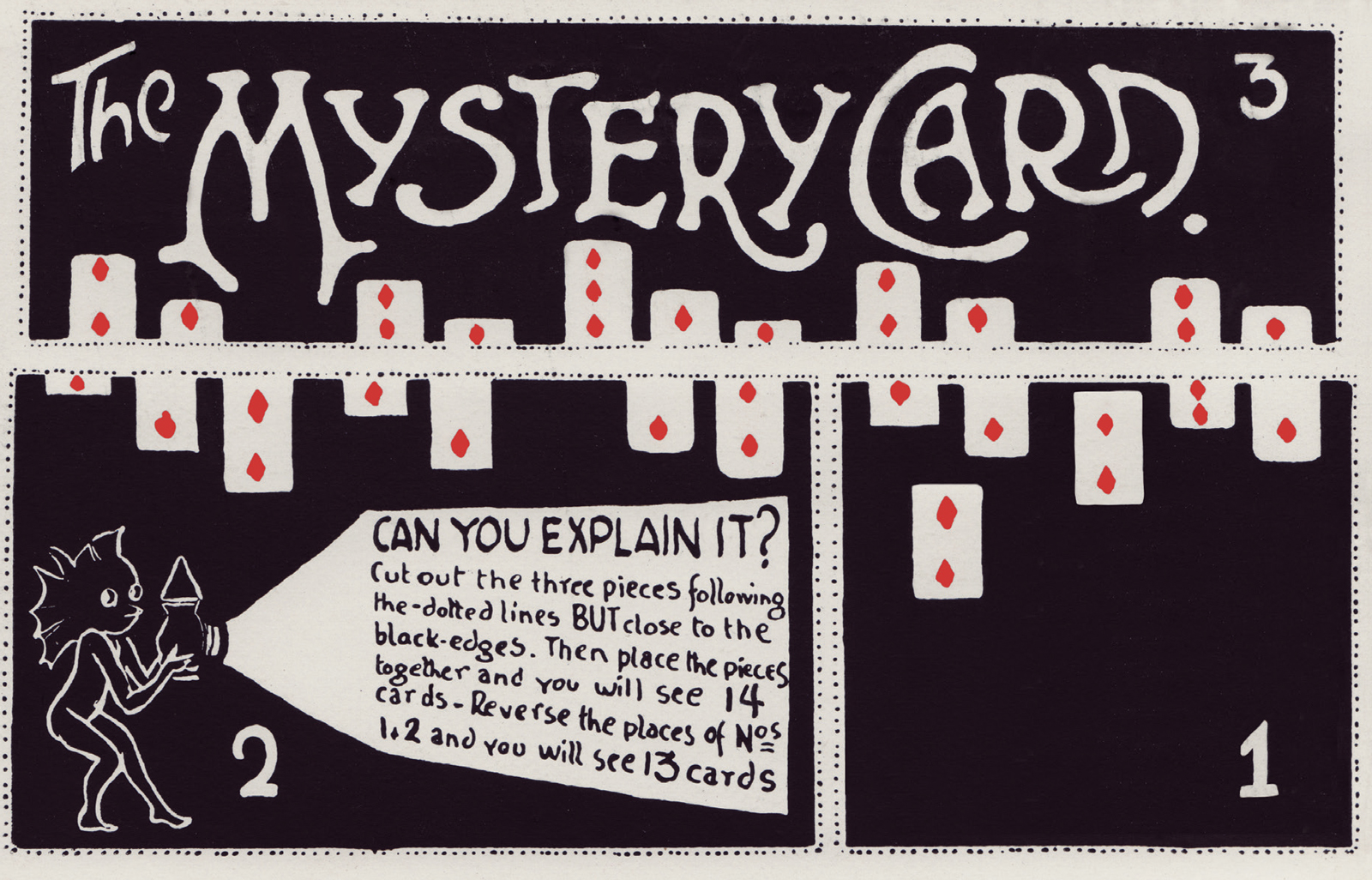 The front of the issue’s postcard featuring a visual puzzle called “The Mystery Car.”