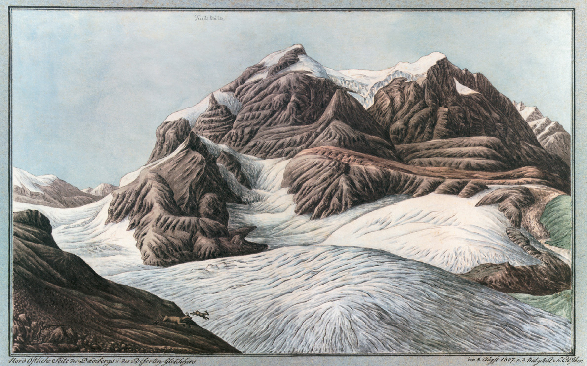 The northeast face of Tödi, the highest mountain in the Glarus Alps, drawn by Escher from across the Biferten Glacier on 8 August eighteen oh seven.