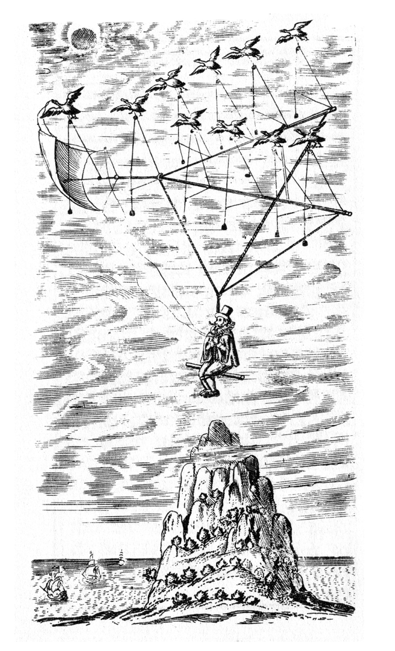 An illustration of Godwin’s scheme for a bird-powered flying machine, from his sixteen thirty eight book “The Man on the Moone, or, A Discourse of a Voyage Thither.”