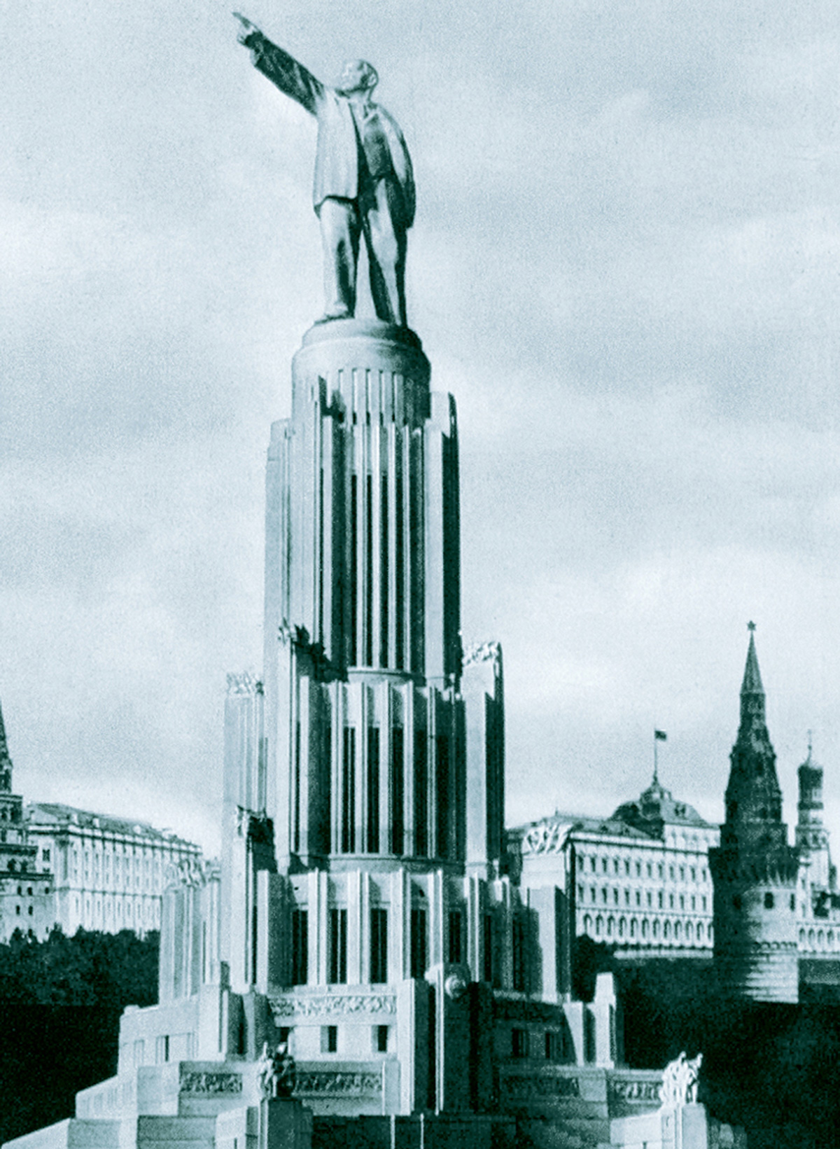 Artist’s impression of Boris Iofan’s winning proposal for the Palace of the Soviets. Though some preliminary construction began in the late nineteen thirties, the Palace was never built. 