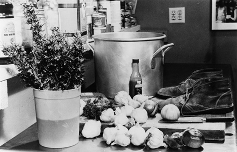 A photograph of the ingredients for Herzog's stewed shoe in the kitchen of Chez Panisse, footwear included.