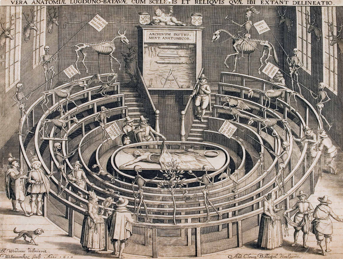 A sixteen ten engraving by W. Swanenburg of the anatomical theater in Leiden.