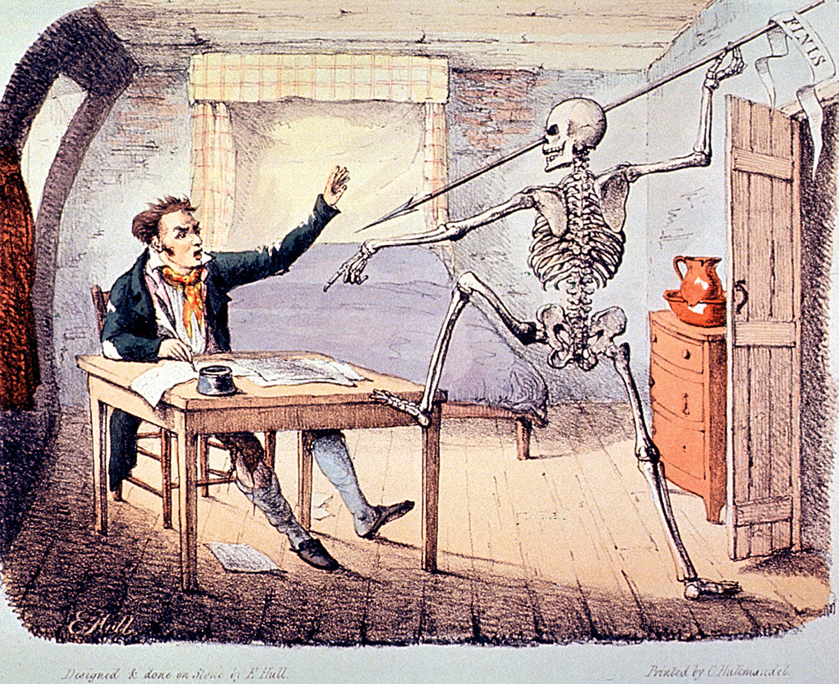 A lithograph by Edward Hull depicting Death interrupting an author before his writing is complete, eighteen twenty seven.
