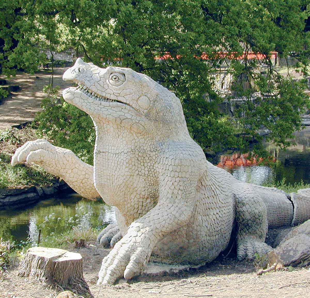 A photograph of one of Waterhouse Hawkins’s Iguanodon sculptures in Crystal Palace Park, Sydenham. 