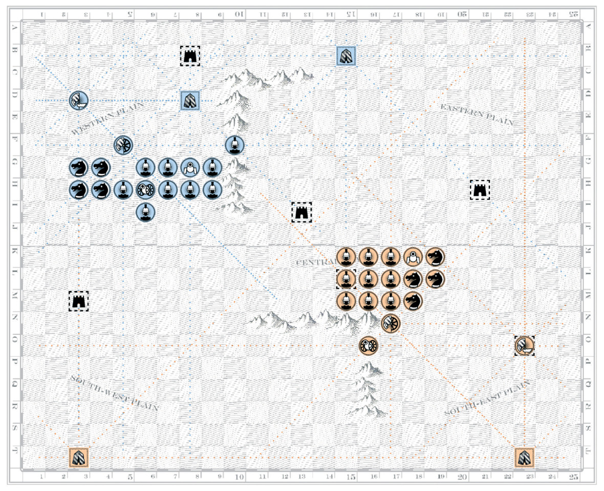 A screenshot of an online version, devised by RSG, of the Game of War. This particular game begins by using the opening formation recorded in the booklet accompanying Guy Debord and Alice Becker-Ho’s Game of War from nineteen eighty-seven.