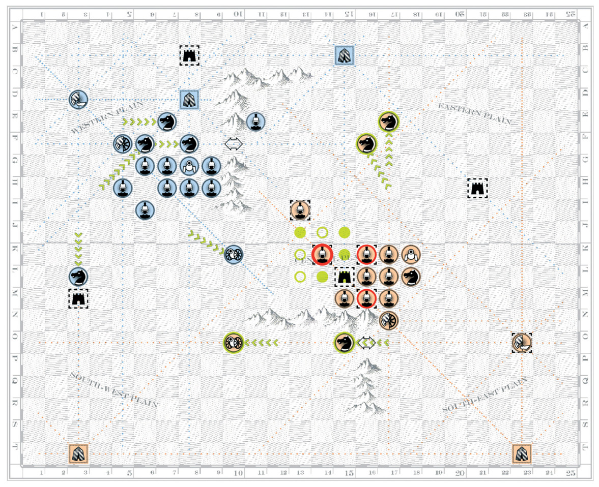 A screenshot of the Game of War, at which time both factions have sent an offensive vanguard to threaten the opponent’s arsenal.