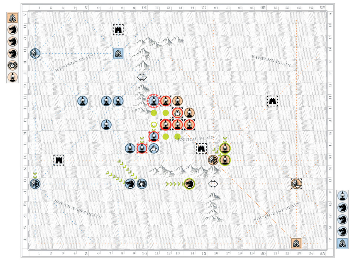 A screenshot of the Game of War. With both sides weakened, South’s final cavalry retreats through the mountain pass.