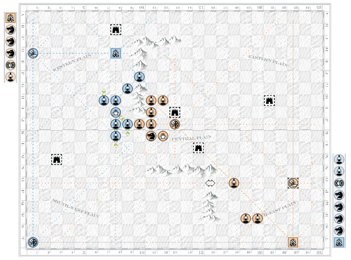 A screenshot of the Game of War, with South holding a slight material advantage, the two armies face off for an endgame in the western plain.