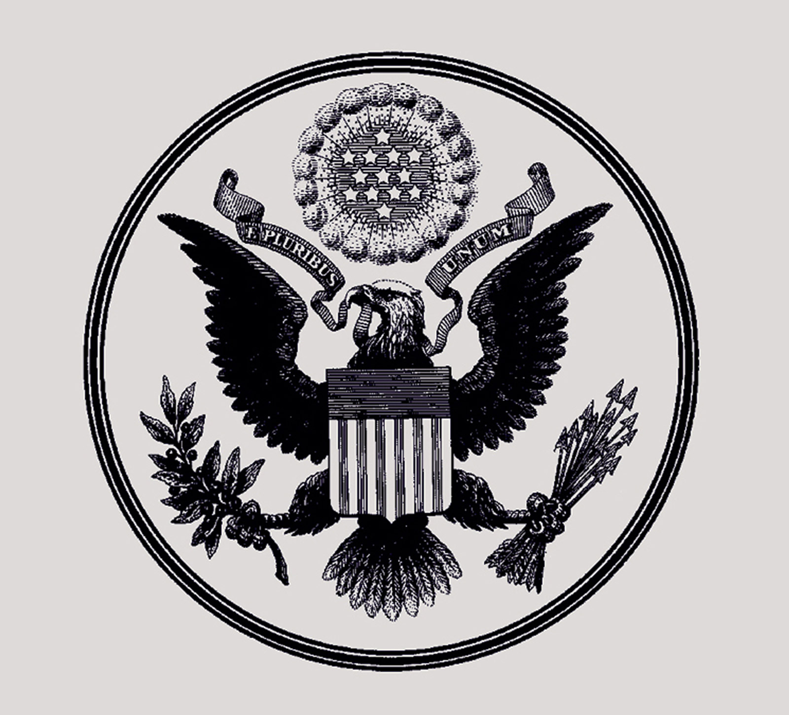 The Great Seal of the United States. Above the eagle, thirteen stars form a hexagram.