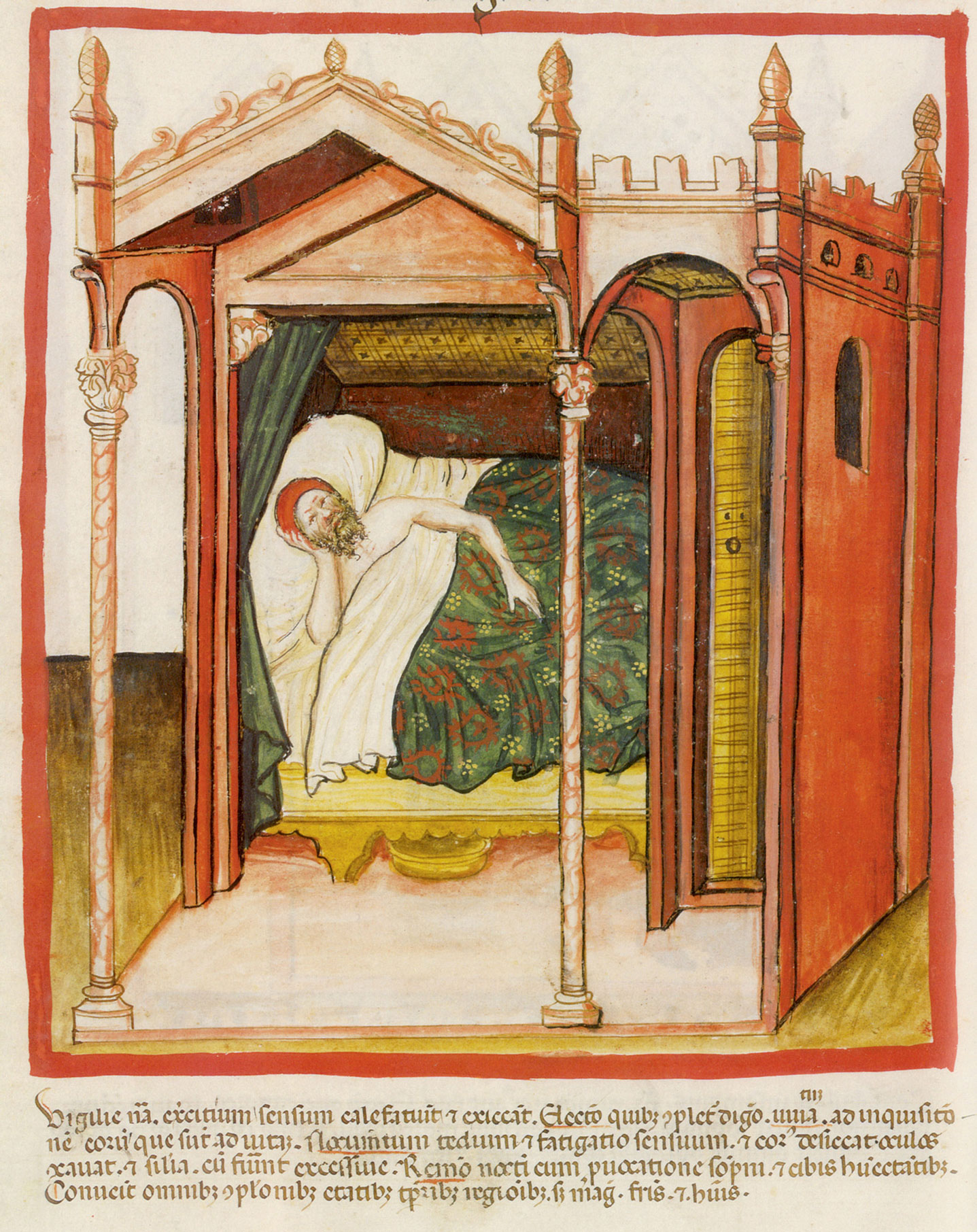 An illustration titled “The Insomniac” from a late-fourteenth-century medical manuscript. 
