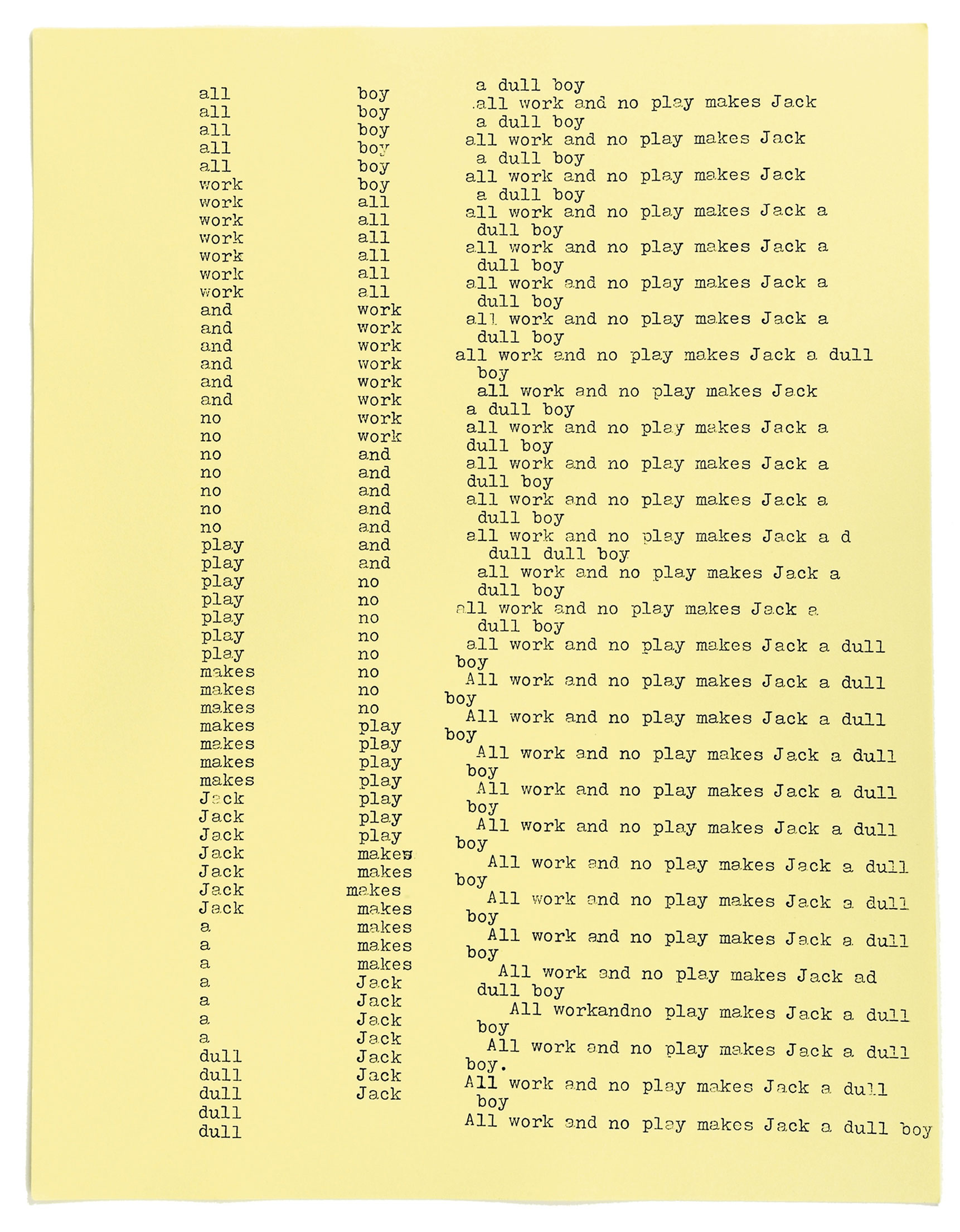 A scan of one of the manuscript pages used in Stanley Kubrick’s 1980 film The Shining. The page shows the quotation “All work and no play makes Jack a dull boy” typed over and over again. 