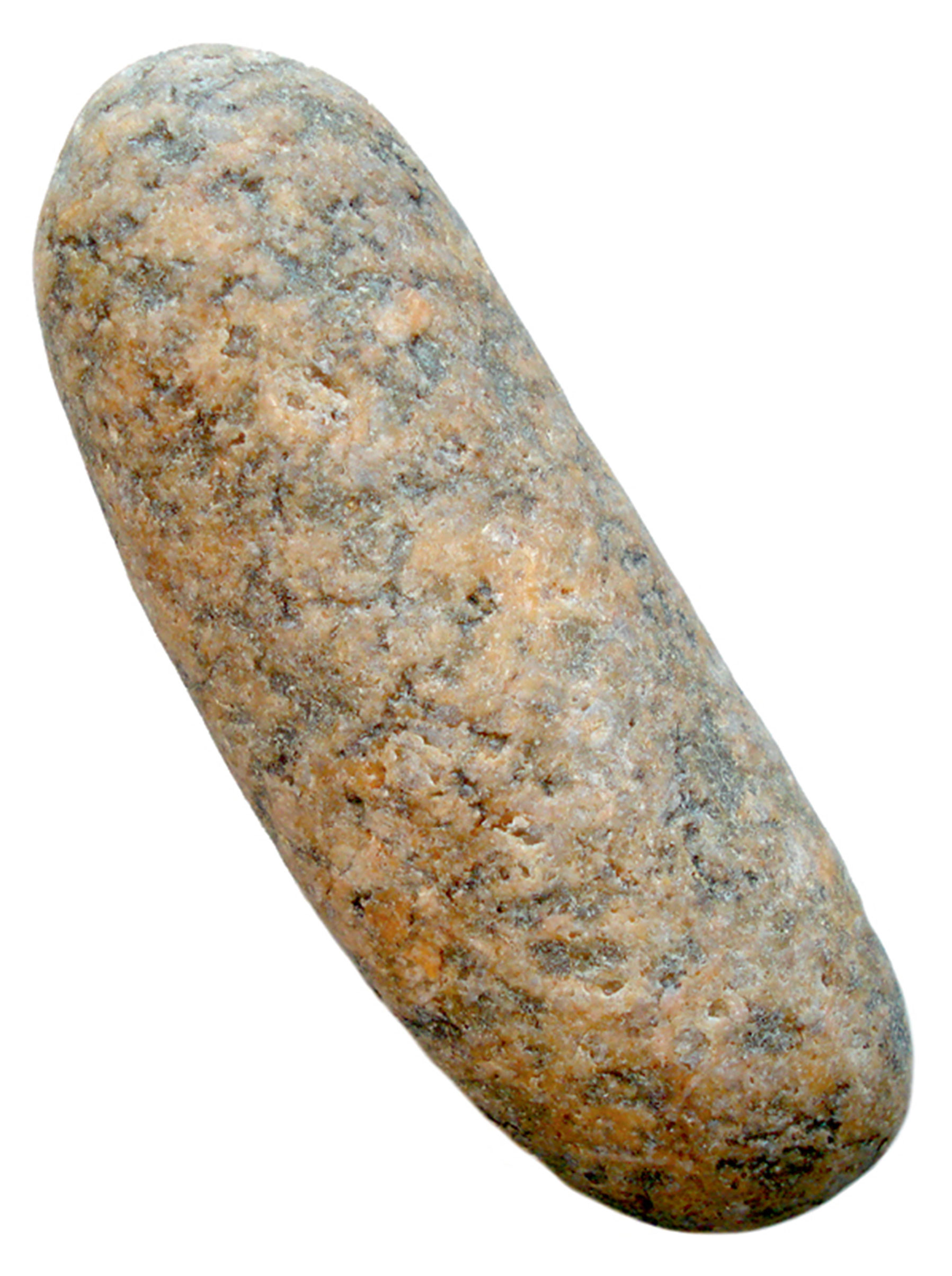 A photograph of a rock which resembles a raw sausage. 