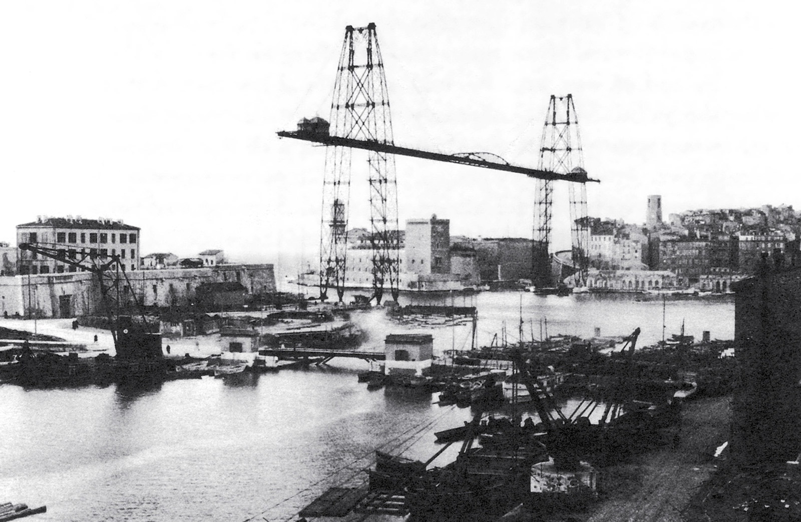 A photograph of the Amodin-designed transporter bridge of Marseilles. The photograph appears in Sigfried Giedion's 1928 book Building in France.