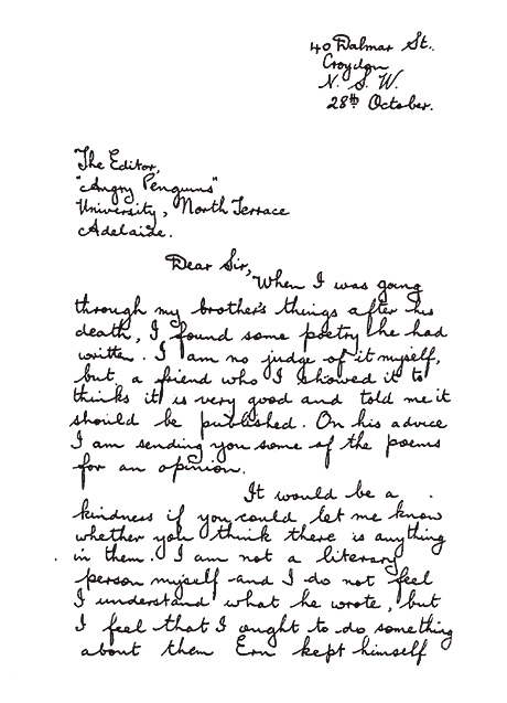 Letter from Ethel Malley to Max Harris, accompanying her brother's poems, 