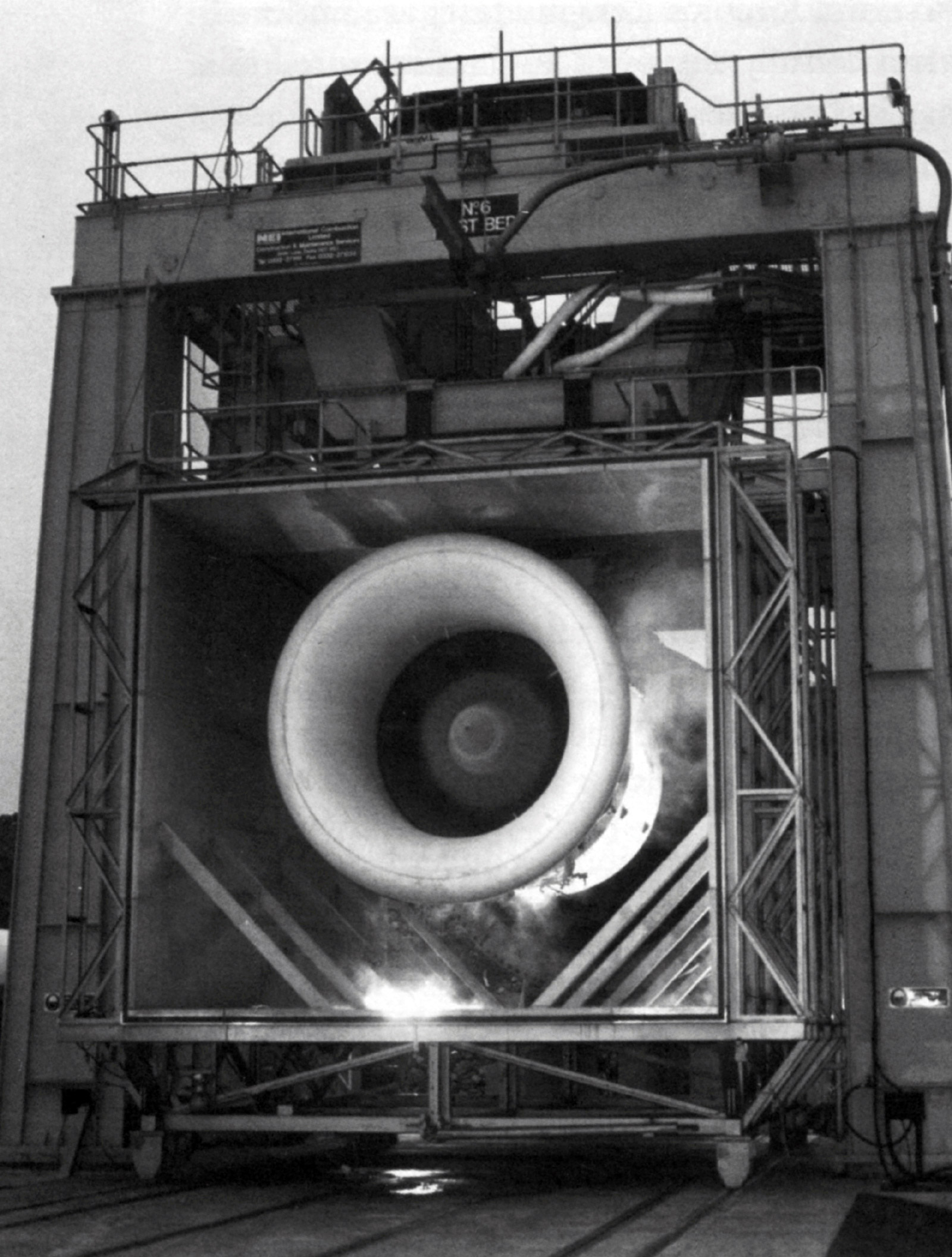 A photograph of a Rolls-Royce Trent 500 Engine awaiting testing at the company’s Derby branch. 