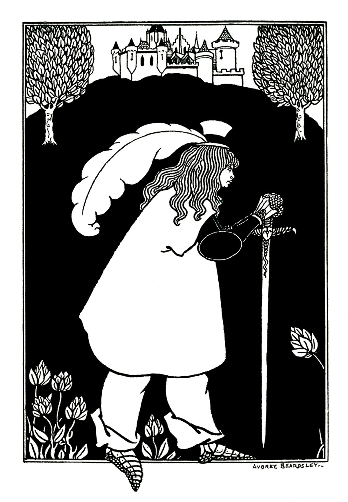 An 1894 design by Aubrey Beardsley for the frontispiece to Jocelyn Quilp’s “Baron Verdigris: A Romance of the Reversed Direction.“