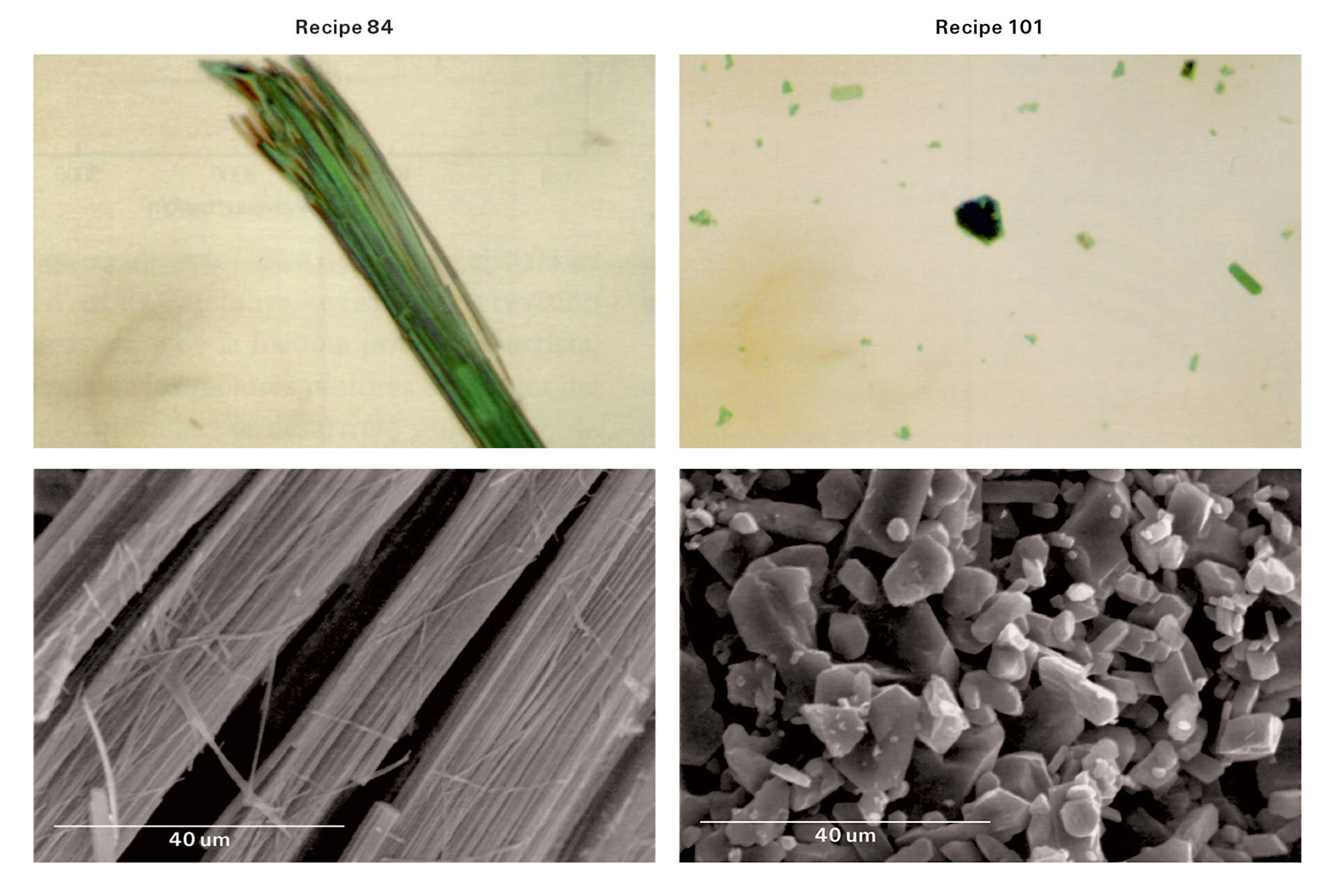 2008 microscope images of verdigris according to recipes eighty-four and one hundred and one from the fifteenth century book “Manoscritto Bolognese.”